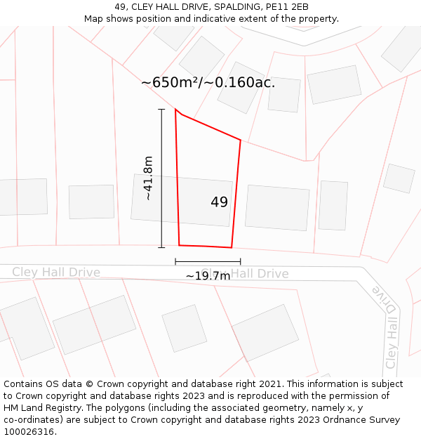 49, CLEY HALL DRIVE, SPALDING, PE11 2EB: Plot and title map