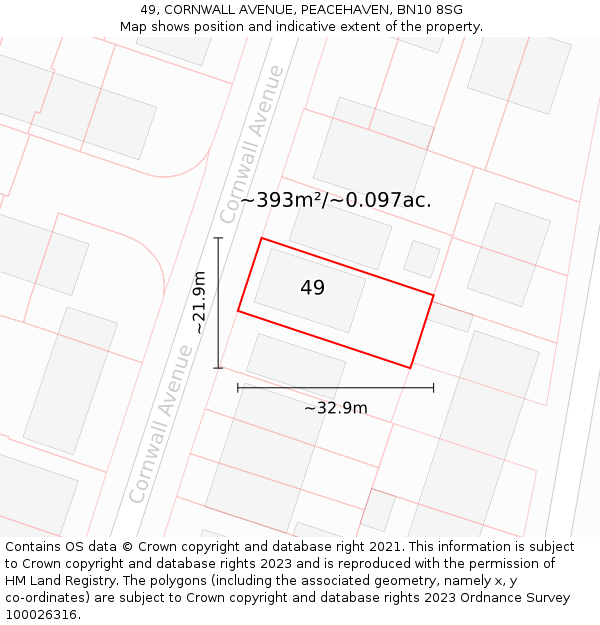 49, CORNWALL AVENUE, PEACEHAVEN, BN10 8SG: Plot and title map