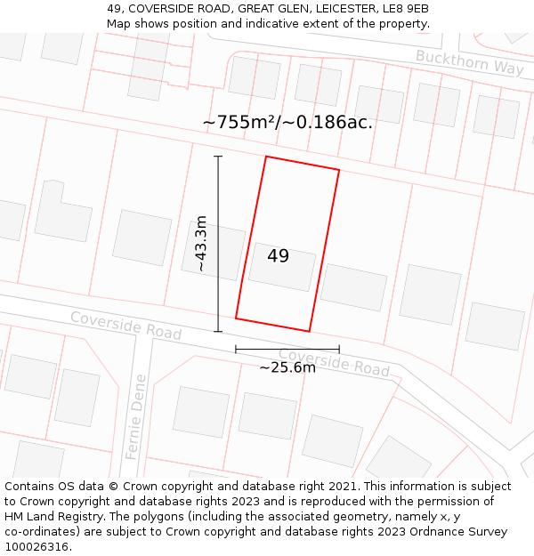 49, COVERSIDE ROAD, GREAT GLEN, LEICESTER, LE8 9EB: Plot and title map