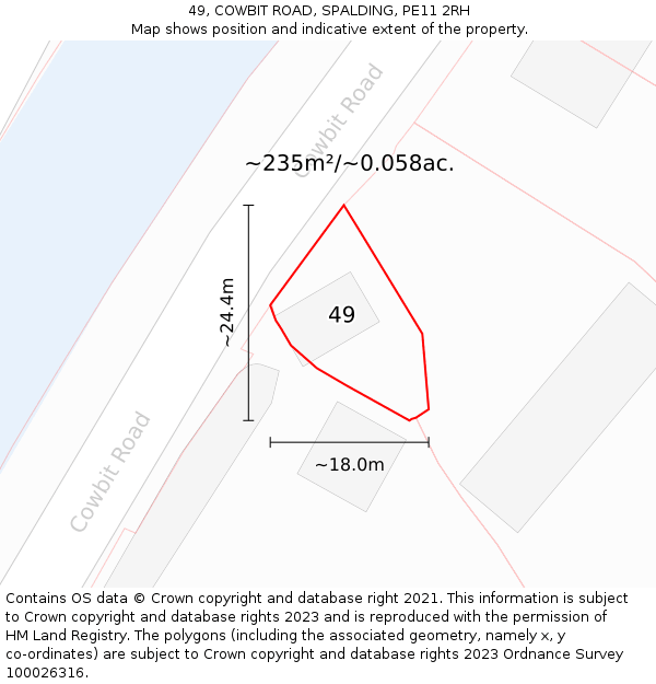 49, COWBIT ROAD, SPALDING, PE11 2RH: Plot and title map