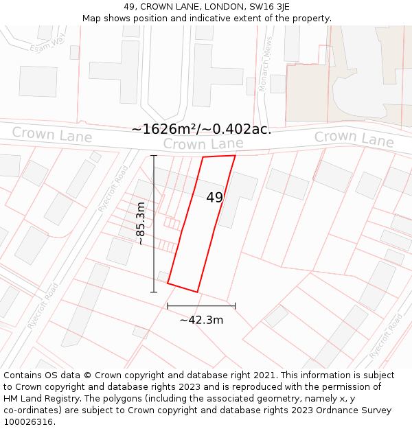 49, CROWN LANE, LONDON, SW16 3JE: Plot and title map
