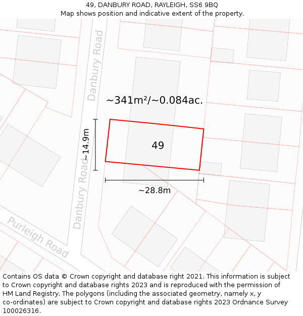 49, DANBURY ROAD, RAYLEIGH, SS6 9BQ: Plot and title map