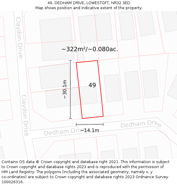 49, DEDHAM DRIVE, LOWESTOFT, NR32 3ED: Plot and title map