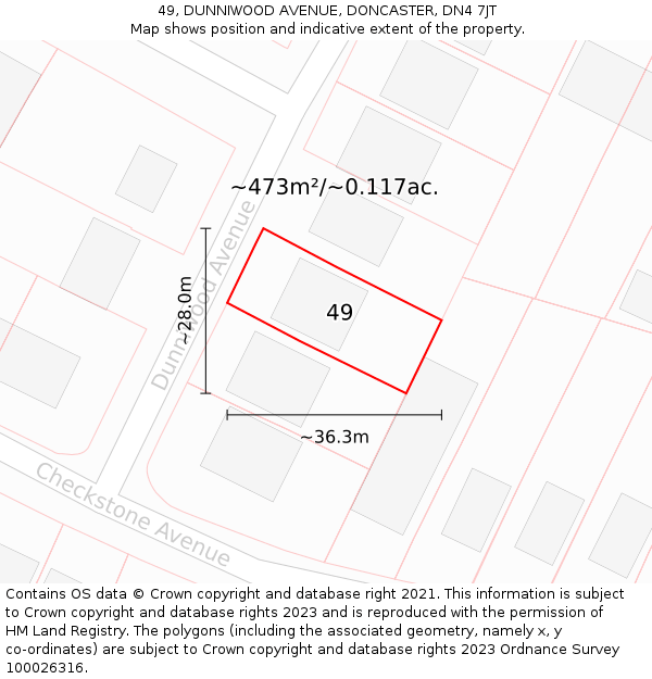 49, DUNNIWOOD AVENUE, DONCASTER, DN4 7JT: Plot and title map