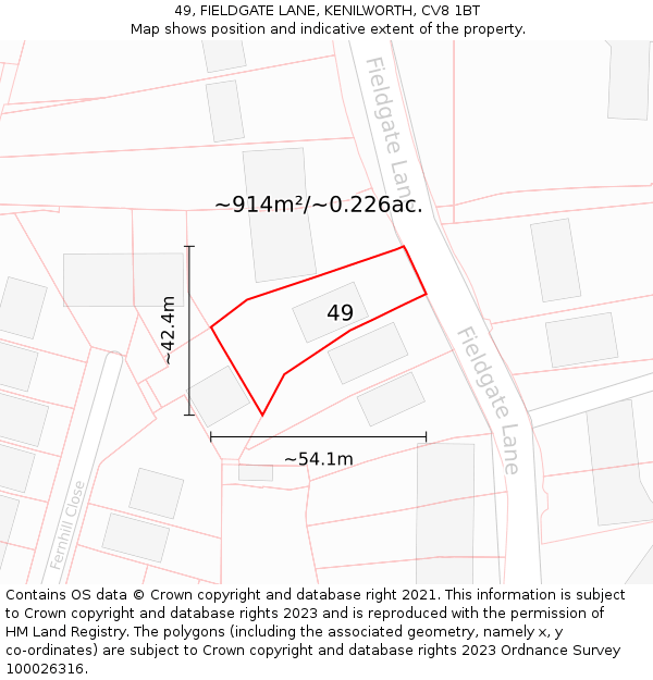 49, FIELDGATE LANE, KENILWORTH, CV8 1BT: Plot and title map