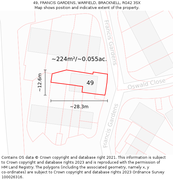 49, FRANCIS GARDENS, WARFIELD, BRACKNELL, RG42 3SX: Plot and title map