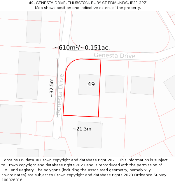 49, GENESTA DRIVE, THURSTON, BURY ST EDMUNDS, IP31 3PZ: Plot and title map