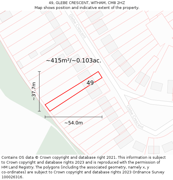 49, GLEBE CRESCENT, WITHAM, CM8 2HZ: Plot and title map