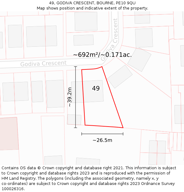 49, GODIVA CRESCENT, BOURNE, PE10 9QU: Plot and title map