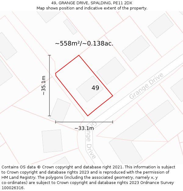 49, GRANGE DRIVE, SPALDING, PE11 2DX: Plot and title map