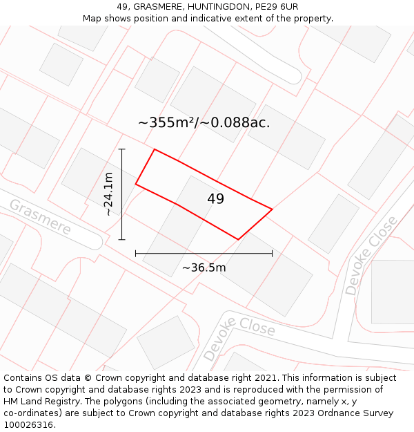 49, GRASMERE, HUNTINGDON, PE29 6UR: Plot and title map