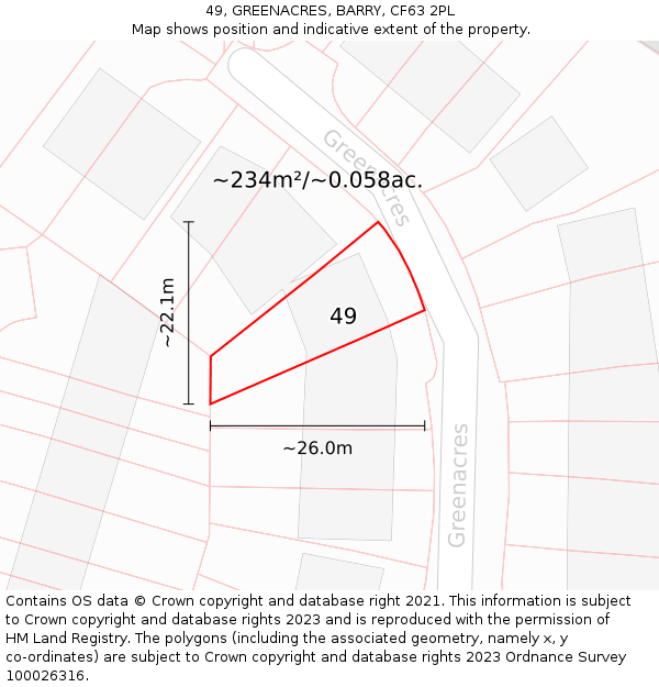 49, GREENACRES, BARRY, CF63 2PL: Plot and title map