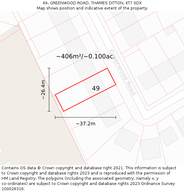 49, GREENWOOD ROAD, THAMES DITTON, KT7 0DX: Plot and title map