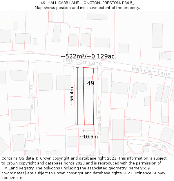 49, HALL CARR LANE, LONGTON, PRESTON, PR4 5JJ: Plot and title map