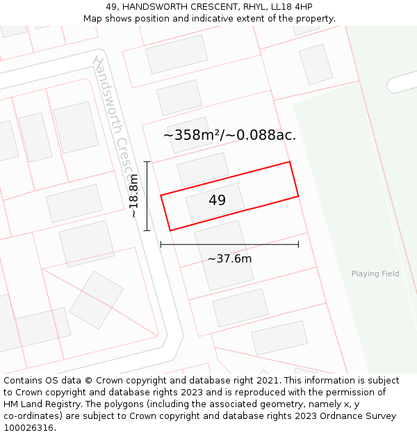 49, HANDSWORTH CRESCENT, RHYL, LL18 4HP: Plot and title map