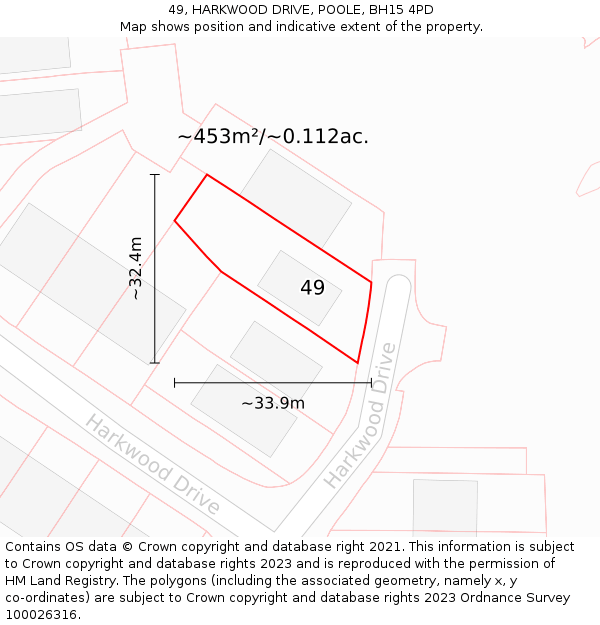 49, HARKWOOD DRIVE, POOLE, BH15 4PD: Plot and title map