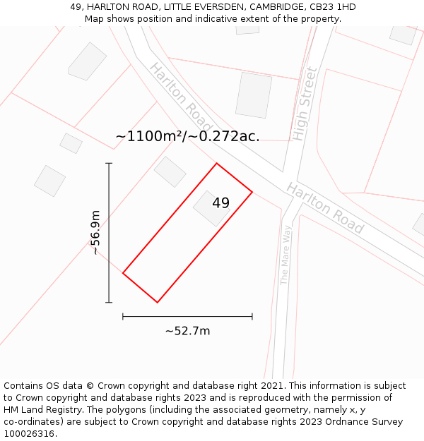 49, HARLTON ROAD, LITTLE EVERSDEN, CAMBRIDGE, CB23 1HD: Plot and title map