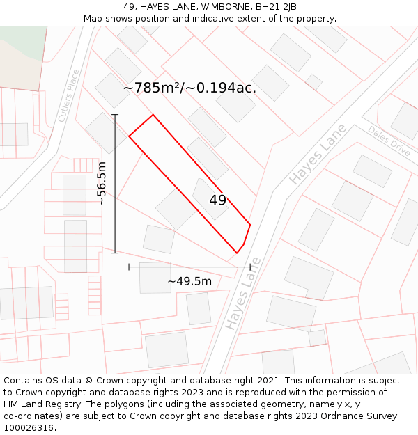 49, HAYES LANE, WIMBORNE, BH21 2JB: Plot and title map