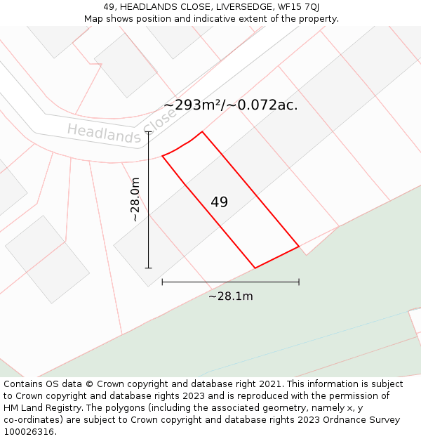 49, HEADLANDS CLOSE, LIVERSEDGE, WF15 7QJ: Plot and title map