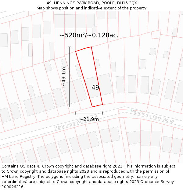 49, HENNINGS PARK ROAD, POOLE, BH15 3QX: Plot and title map