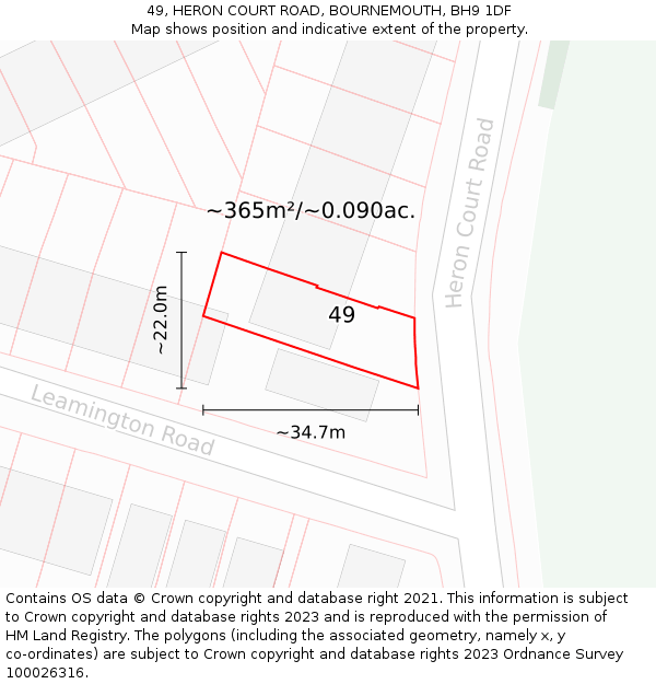 49, HERON COURT ROAD, BOURNEMOUTH, BH9 1DF: Plot and title map