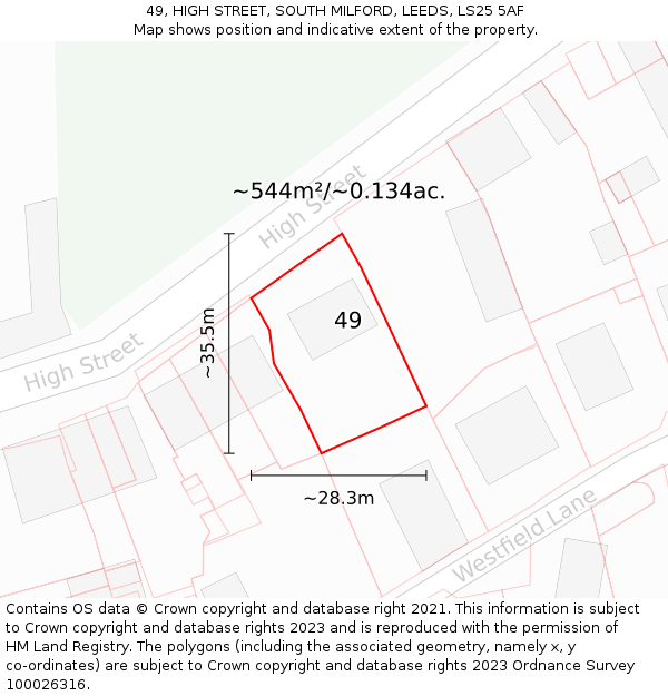 49, HIGH STREET, SOUTH MILFORD, LEEDS, LS25 5AF: Plot and title map