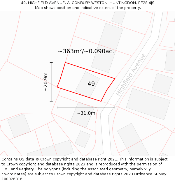 49, HIGHFIELD AVENUE, ALCONBURY WESTON, HUNTINGDON, PE28 4JS: Plot and title map