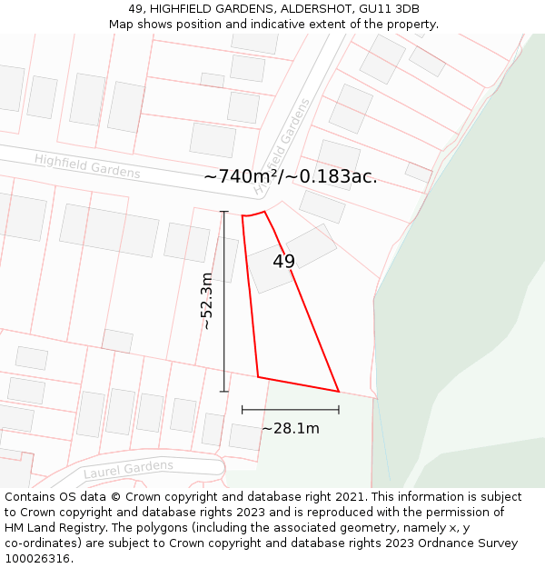 49, HIGHFIELD GARDENS, ALDERSHOT, GU11 3DB: Plot and title map