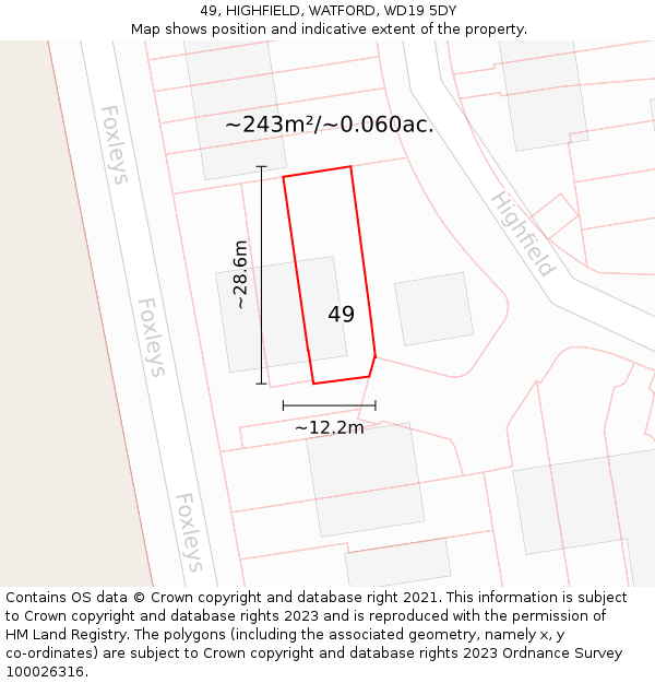 49, HIGHFIELD, WATFORD, WD19 5DY: Plot and title map