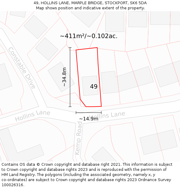 49, HOLLINS LANE, MARPLE BRIDGE, STOCKPORT, SK6 5DA: Plot and title map