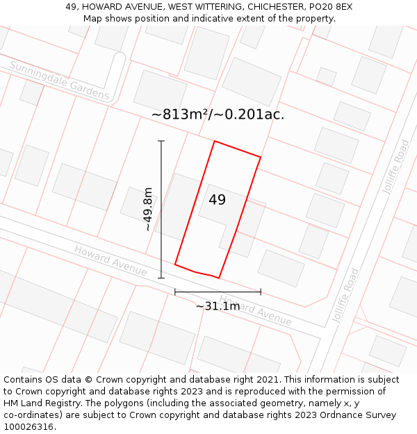 49, HOWARD AVENUE, WEST WITTERING, CHICHESTER, PO20 8EX: Plot and title map