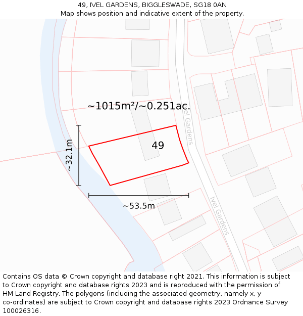 49, IVEL GARDENS, BIGGLESWADE, SG18 0AN: Plot and title map