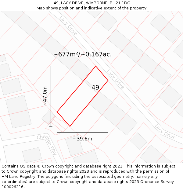 49, LACY DRIVE, WIMBORNE, BH21 1DG: Plot and title map