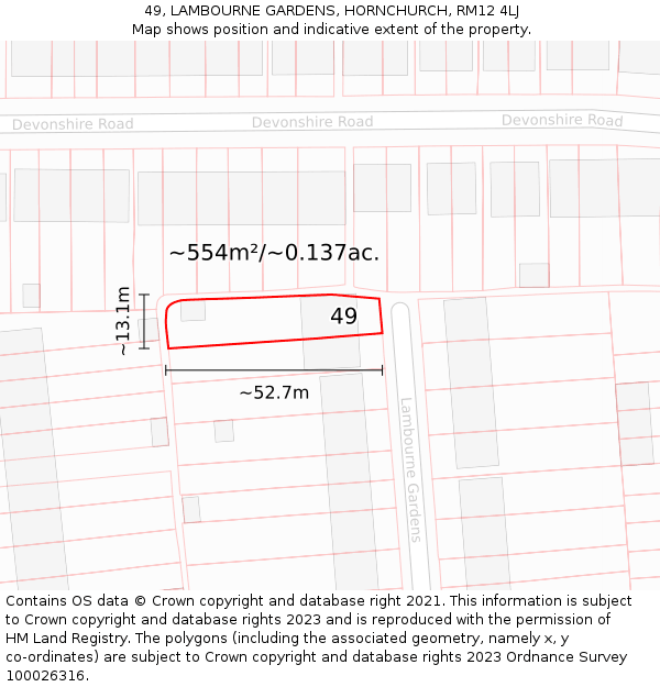 49, LAMBOURNE GARDENS, HORNCHURCH, RM12 4LJ: Plot and title map