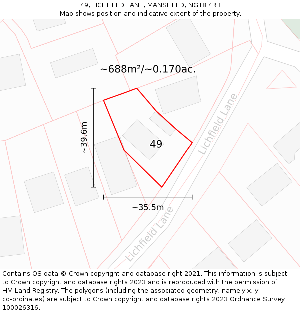 49, LICHFIELD LANE, MANSFIELD, NG18 4RB: Plot and title map