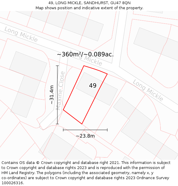 49, LONG MICKLE, SANDHURST, GU47 8QN: Plot and title map