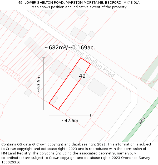 49, LOWER SHELTON ROAD, MARSTON MORETAINE, BEDFORD, MK43 0LN: Plot and title map