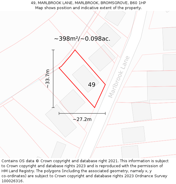 49, MARLBROOK LANE, MARLBROOK, BROMSGROVE, B60 1HP: Plot and title map