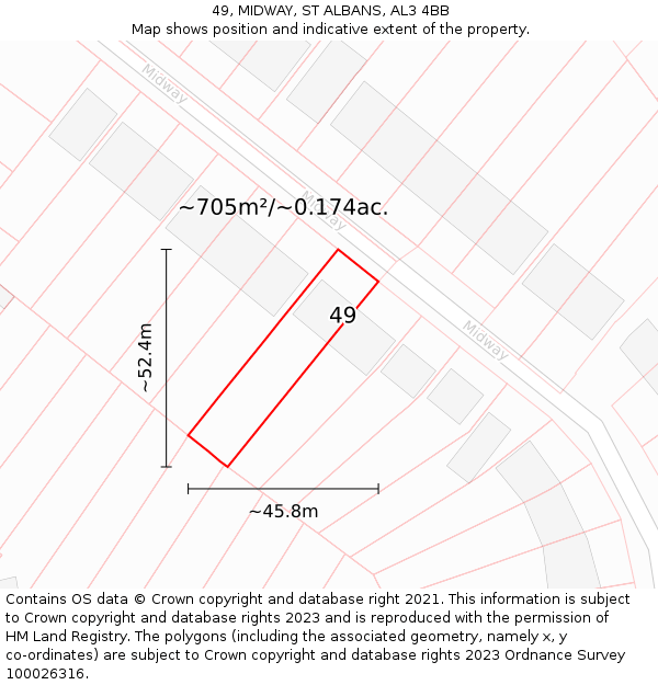 49, MIDWAY, ST ALBANS, AL3 4BB: Plot and title map