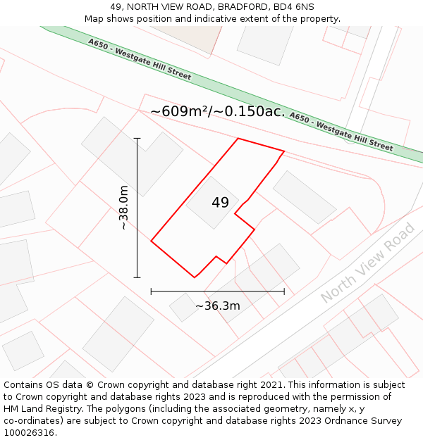 49, NORTH VIEW ROAD, BRADFORD, BD4 6NS: Plot and title map