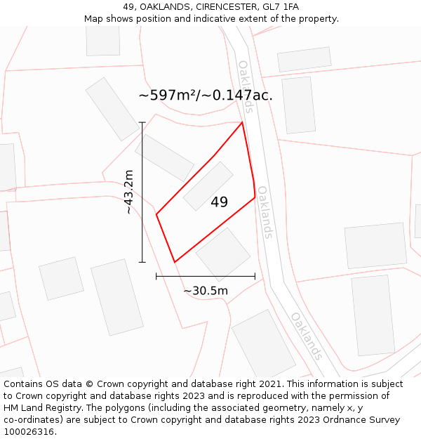 49, OAKLANDS, CIRENCESTER, GL7 1FA: Plot and title map