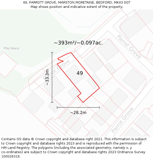 49, PARROTT GROVE, MARSTON MORETAINE, BEDFORD, MK43 0GT: Plot and title map