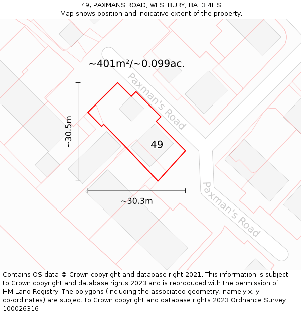 49, PAXMANS ROAD, WESTBURY, BA13 4HS: Plot and title map