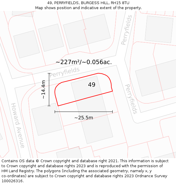 49, PERRYFIELDS, BURGESS HILL, RH15 8TU: Plot and title map