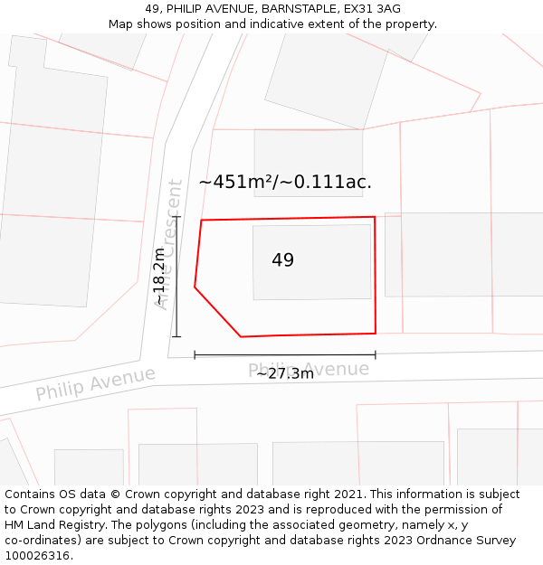 49, PHILIP AVENUE, BARNSTAPLE, EX31 3AG: Plot and title map