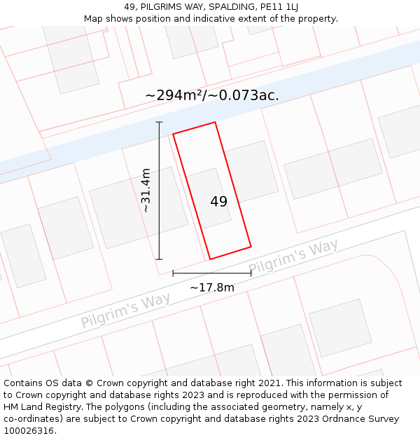 49, PILGRIMS WAY, SPALDING, PE11 1LJ: Plot and title map