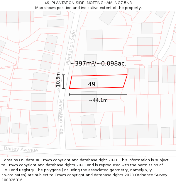 49, PLANTATION SIDE, NOTTINGHAM, NG7 5NR: Plot and title map