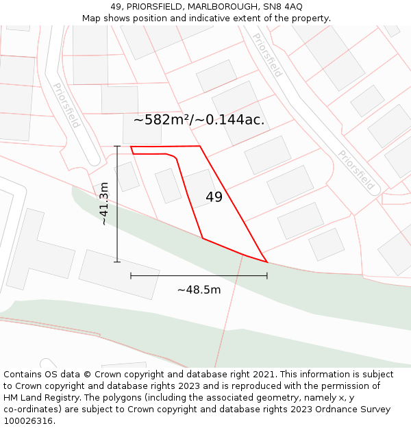 49, PRIORSFIELD, MARLBOROUGH, SN8 4AQ: Plot and title map