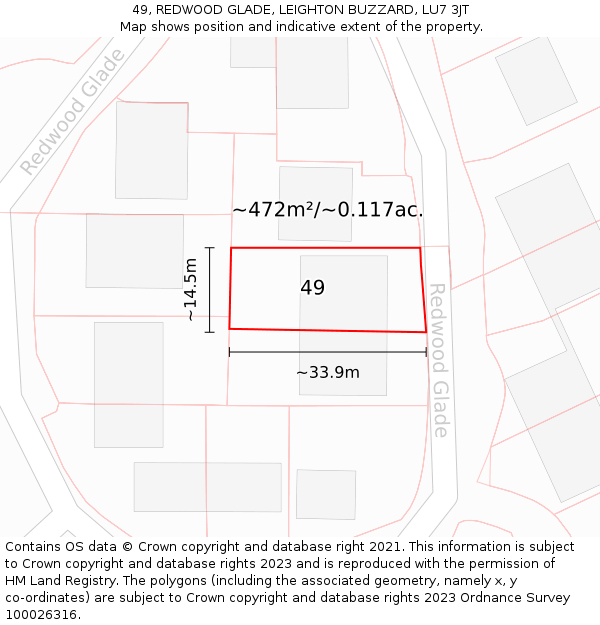 49, REDWOOD GLADE, LEIGHTON BUZZARD, LU7 3JT: Plot and title map