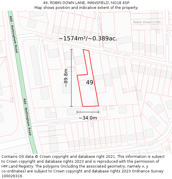 49, ROBIN DOWN LANE, MANSFIELD, NG18 4SP: Plot and title map